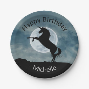Unicorn Silhouette Full Moon Custom Birthday Party Paper Plate