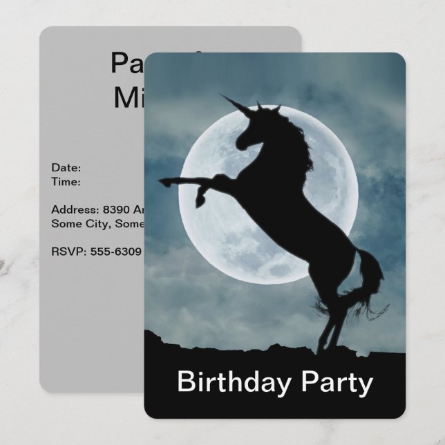 Unicorn Silhouette Full Moon Happy Birthday Party Invitation (Front/Back)