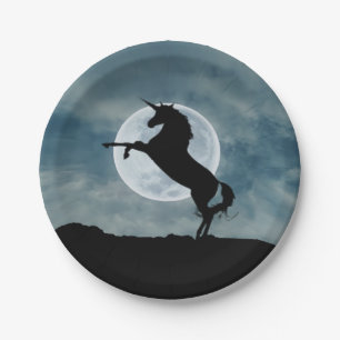 Unicorn Silhouette Full Moon Night Sky Trendy Paper Plate