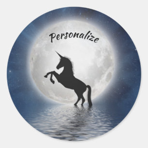 Unicorn Silhouette in Ocean Full Moon Personalise Classic Round Sticker