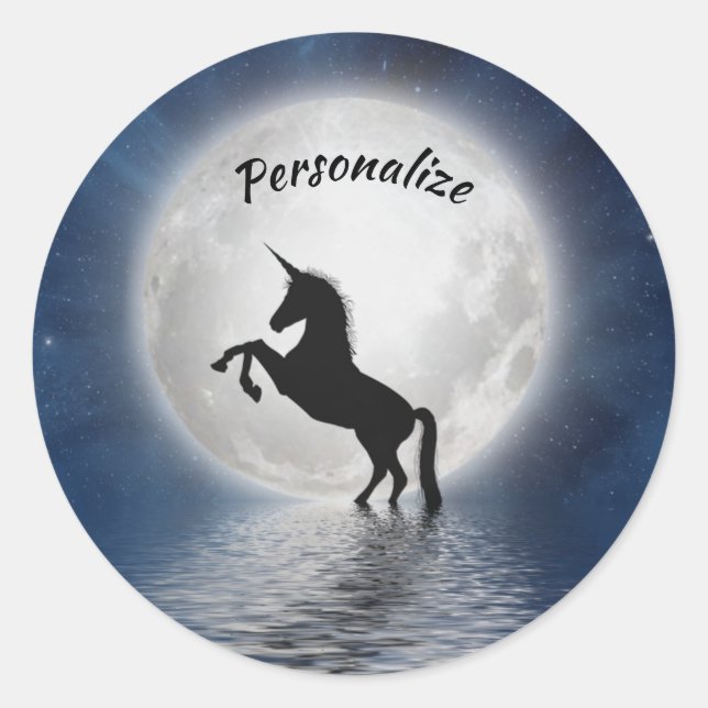 Unicorn Silhouette in Ocean Full Moon Personalise Classic Round Sticker (Front)