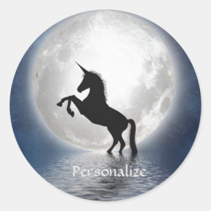 Unicorn Silhouette on Ocean Full Moon Personalise Classic Round Sticker