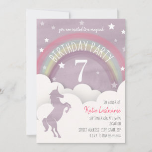 Unicorn Silhouette Rainbow Clouds + Stars Birthday Invitation