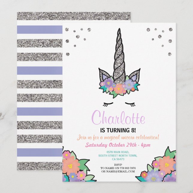 Unicorn Silver Glitter Floral Birthday Invite (Front/Back)