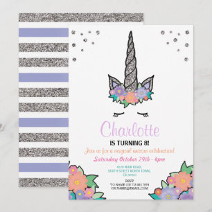 Unicorn Silver Glitter Floral Birthday Invite