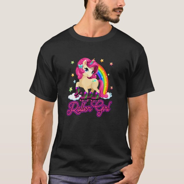 Unicorn Skating Retro 70s 80s Roller Girl Rainbow T-Shirt (Front)