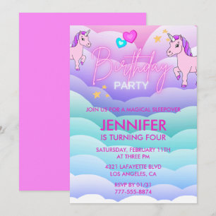 Unicorn Sleepover Invitation 4th Birthday Pink