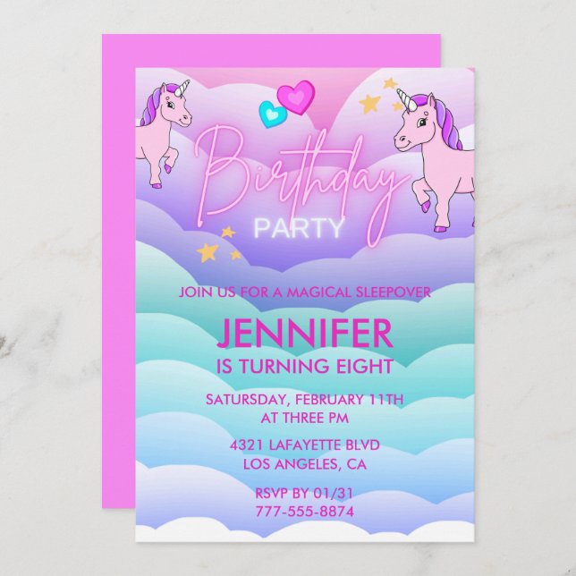 Unicorn Sleepover Invitation 8th Birthday Pink (Front/Back)