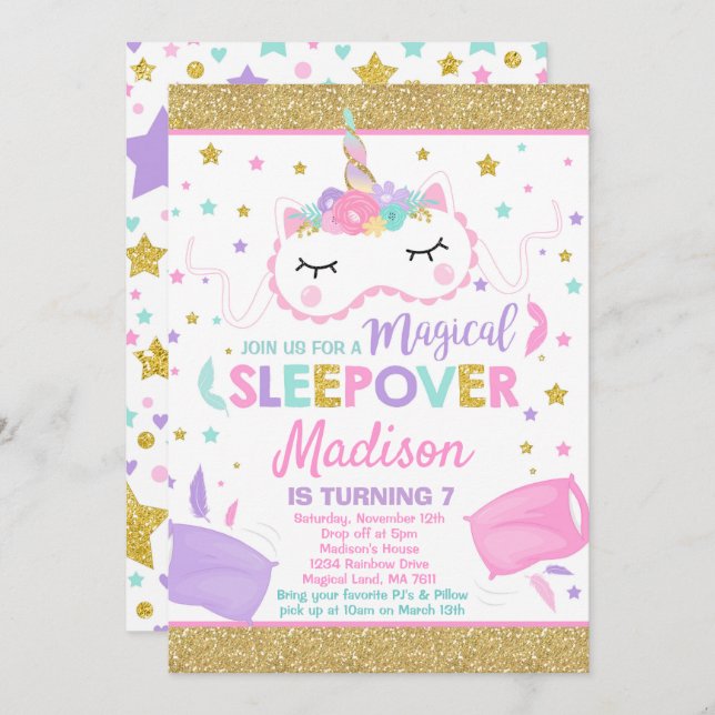 Unicorn Sleepover Party Invitation Slumber Party (Front/Back)