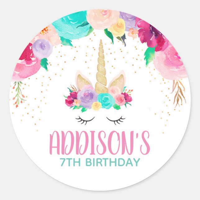 Unicorn Sleepy Birthday Party Favour Round Sticker (Front)