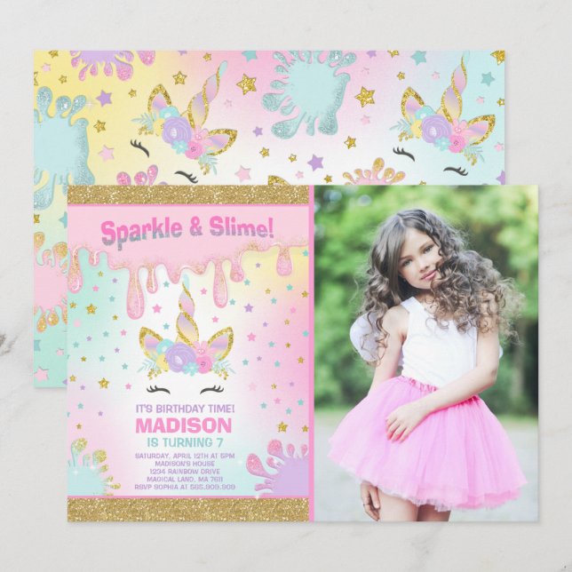 Unicorn Slime Birthday Invitation Slime Party (Front/Back)