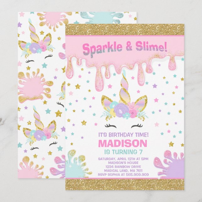 Unicorn Slime Birthday Invitation Slime Party (Front/Back)