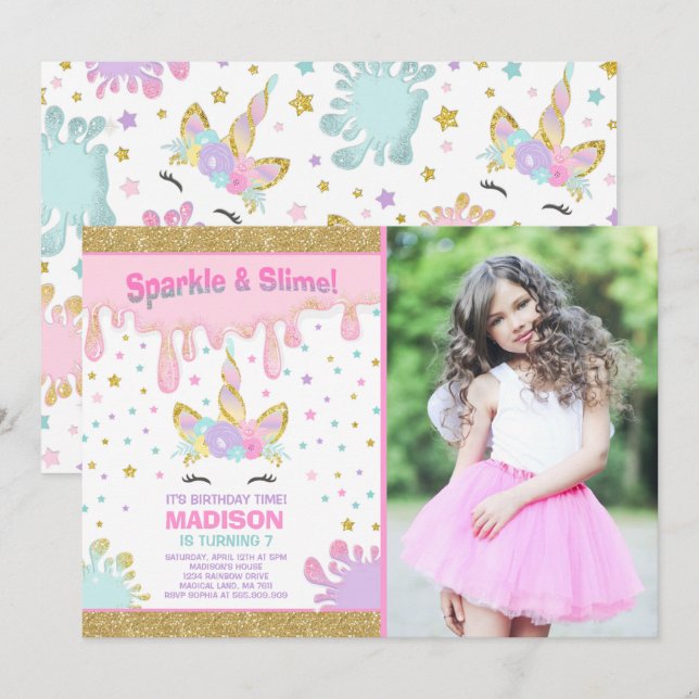 Unicorn Slime Birthday Invitation Slime Party (Front/Back)