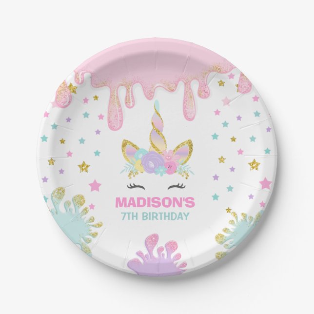 Unicorn Slime Birthday Paper Plate Slime Party (Front)