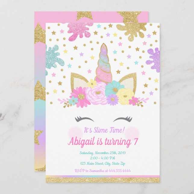 Unicorn Slime Invitation Slime Party Unicorn (Front/Back)