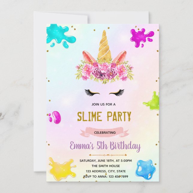 Unicorn slime party invitation (Front)