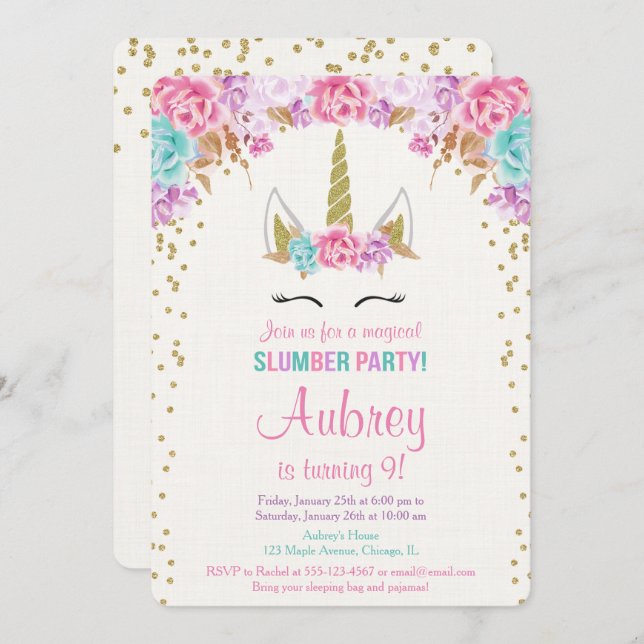 Unicorn slumber party birthday invitation (Front/Back)
