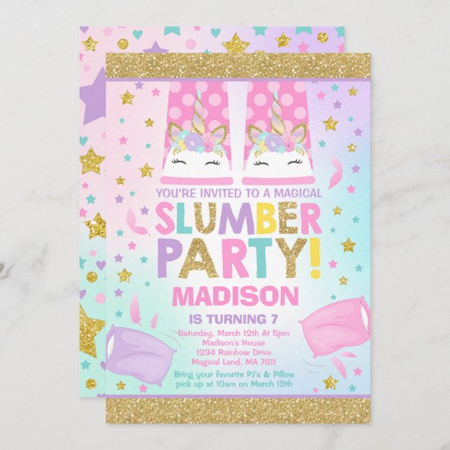 Unicorn Slumber Party Birthday Invitation (Front/Back)