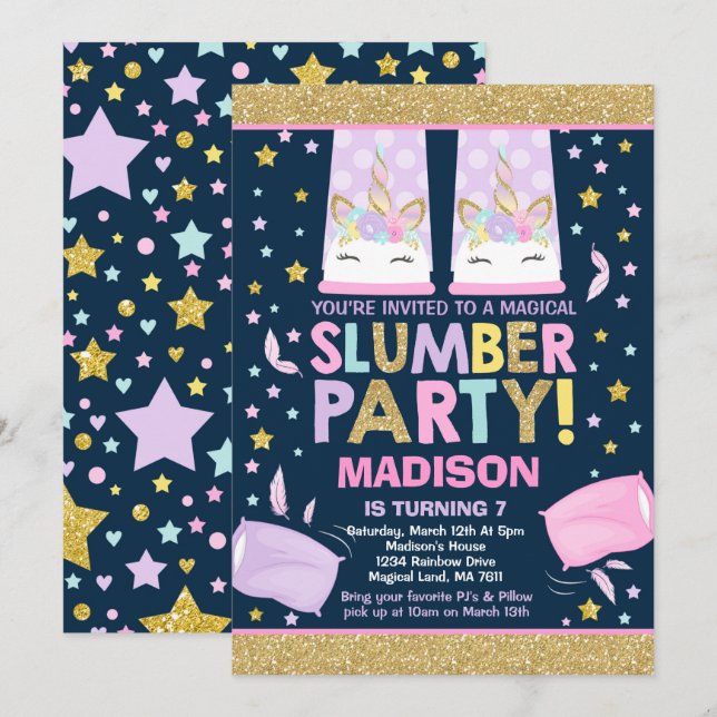 Unicorn Slumber Party Birthday Invitation (Front/Back)
