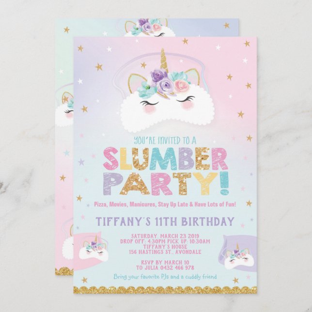 Unicorn Slumber Party Birthday Invitation Pajama (Front/Back)
