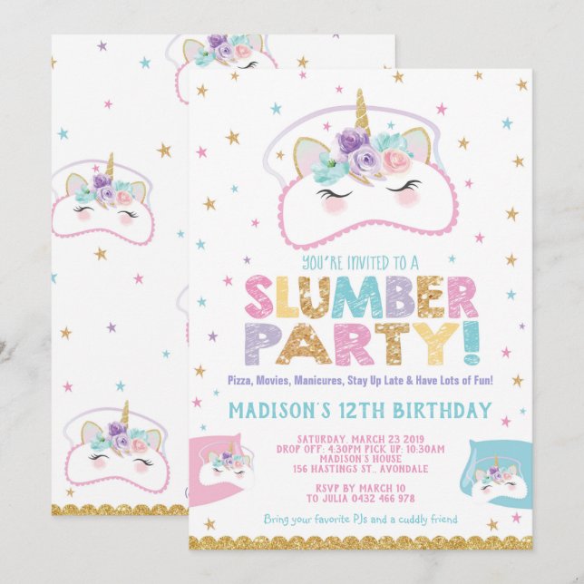 Unicorn Slumber Party Birthday Invitation Pajama (Front/Back)