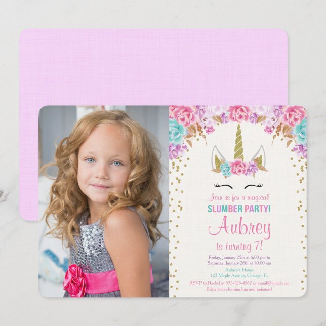 Unicorn slumber party pink and gold photo birthday invitation (Front/Back)
