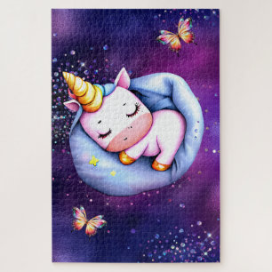 Unicorn slumber party pink purple glitter stars jigsaw puzzle