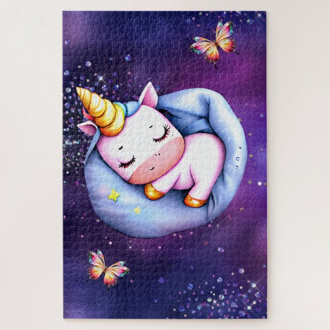 Unicorn slumber party pink purple glitter stars  jigsaw puzzle (Vertical)