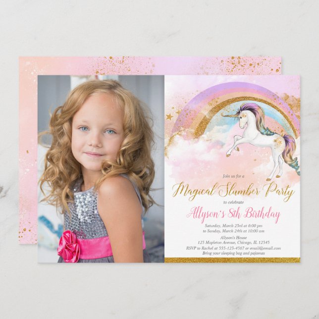 Unicorn slumber party rainbow photo invitation (Front/Back)