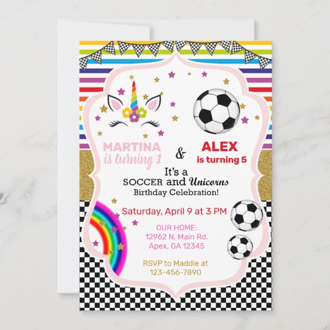Unicorn & soccer siblings birthday invitation. invitation (Front)