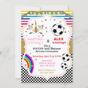Unicorn & soccer siblings birthday invitation. invitation