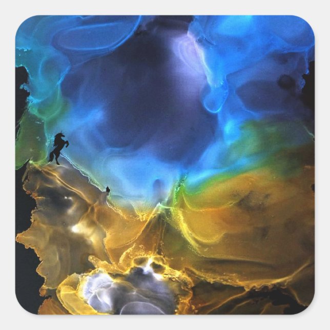 Unicorn Space Nebula blue yellow Alcohol ink art Square Sticker (Front)