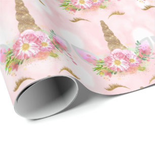 Unicorn Sparkl Glitter Pink Floral Gold Floral Wrapping Paper