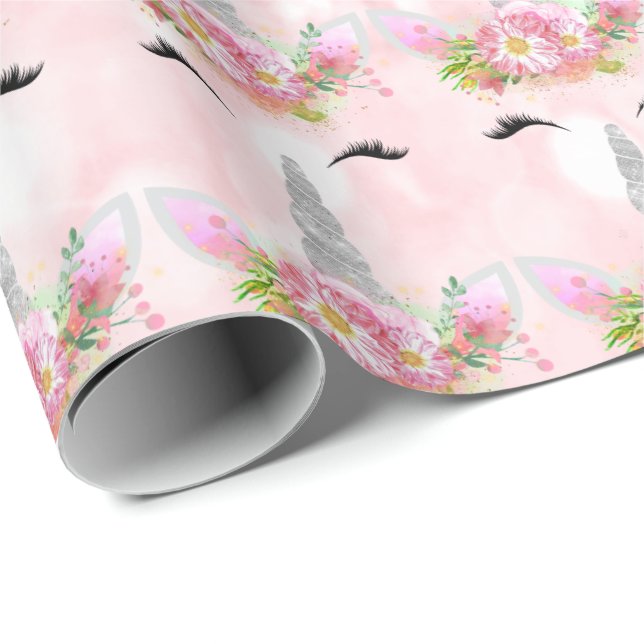 Unicorn Sparkl Glitter Pink Floral Silver Floral Wrapping Paper (Roll Corner)