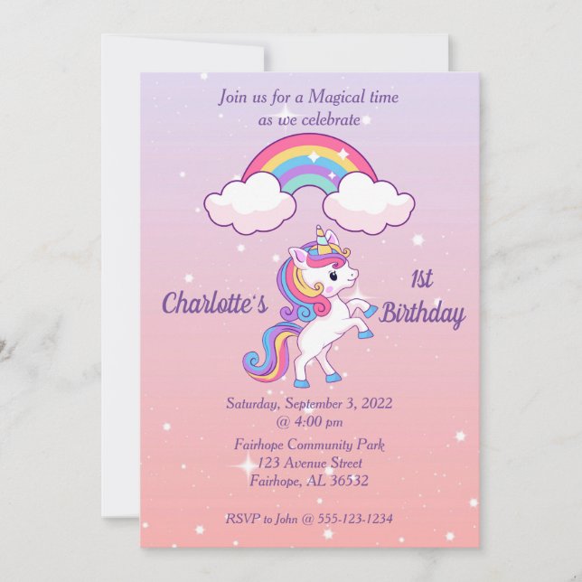 Unicorn Sparkle 1st Birthday Invitation (Front)