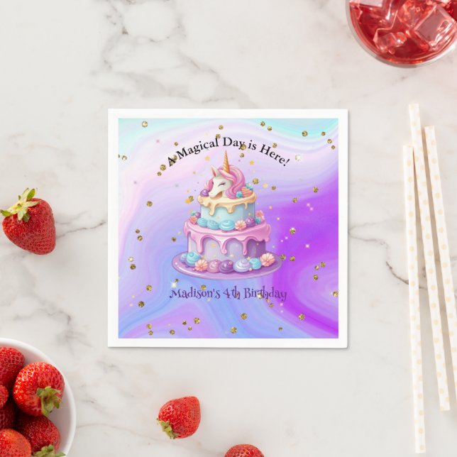 Unicorn Sparkle Blue Purple Cake 4th Birthday Napkin (Insitu)