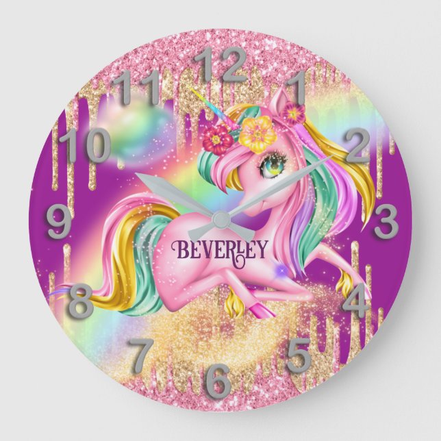 Unicorn sparkle girls pink DIY NAME room decor Large Clock (Front)