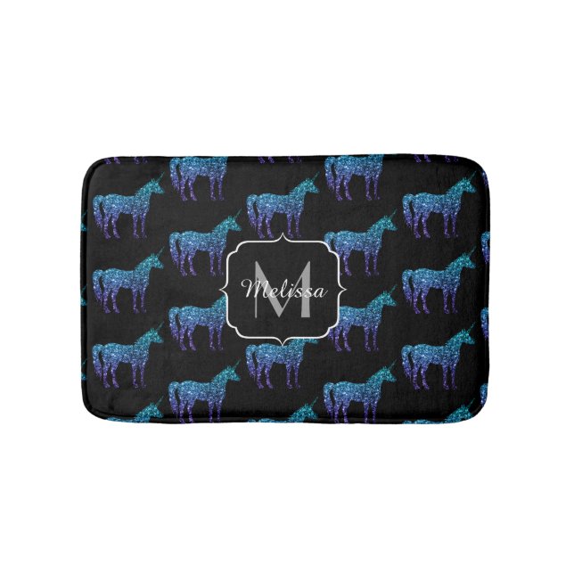 Unicorn Sparkles aqua blue ombre pattern Monogram Bath Mat (Front)
