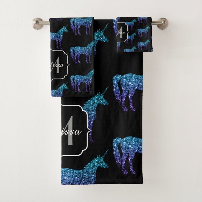 Unicorn Sparkles aqua blue ombre pattern Monogram Bath Towel Set (Insitu)