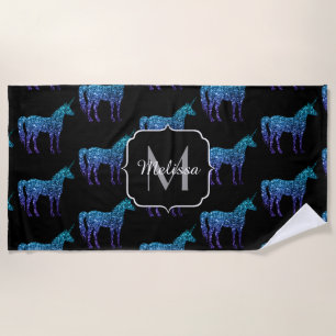 Unicorn Sparkles aqua blue ombre pattern Monogram Beach Towel