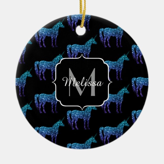 Unicorn Sparkles aqua blue ombre pattern Monogram Ceramic Tree Decoration (Front)
