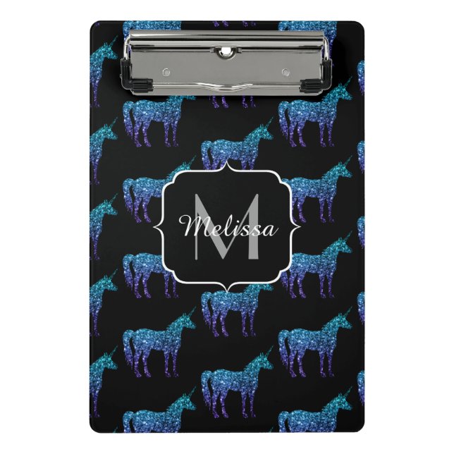 Unicorn Sparkles aqua blue ombre pattern Monogram  Mini Clipboard (Front)