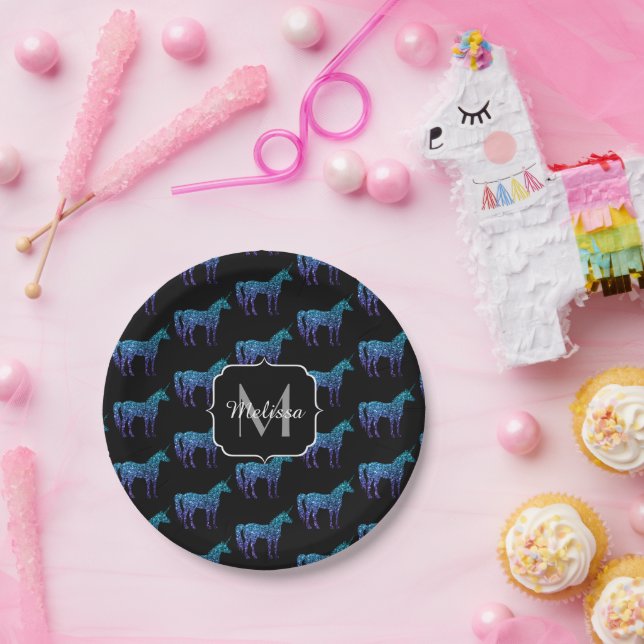 Unicorn Sparkles aqua blue ombre pattern Monogram Paper Plate (Party)