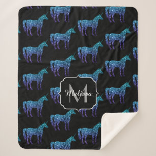 Unicorn Sparkles aqua blue ombre pattern Monogram Sherpa Blanket