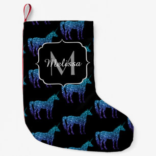 Unicorn Sparkles aqua blue ombre pattern Monogram Small Christmas Stocking