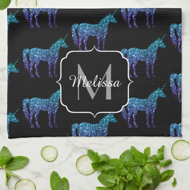 Unicorn Sparkles aqua blue ombre pattern Monogram Tea Towel (Folded)