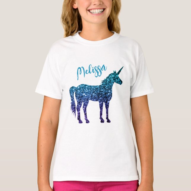 Unicorn Sparkles aqua blue ombre Your name T-Shirt (Front)