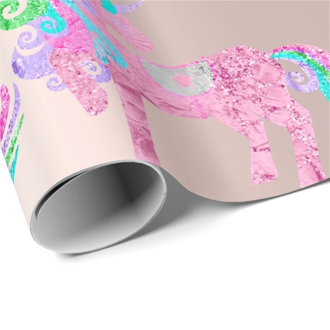 Unicorn Sparkly Glitter Pink Fairly Blush Powder Wrapping Paper (Roll Corner)