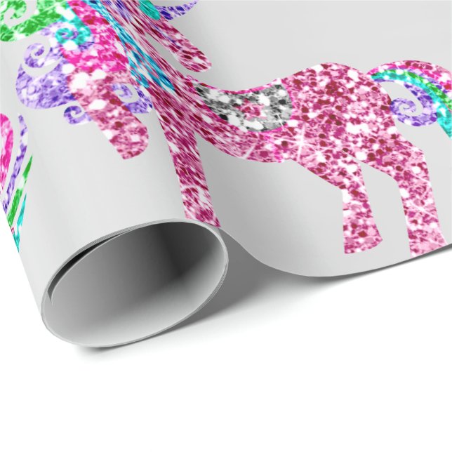 Unicorn Sparkly Glitter Pink Fairly Silver Glam Wrapping Paper (Roll Corner)