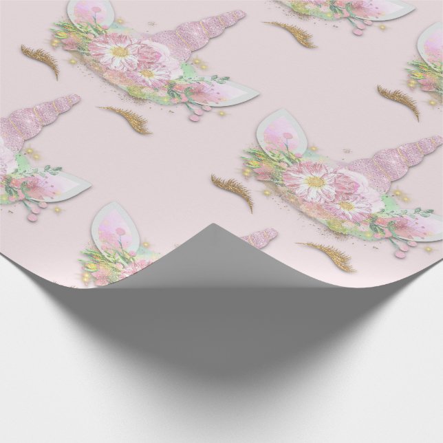 Unicorn Sparkly Glitter Pink Gold Floral Pastel Wrapping Paper (Corner)